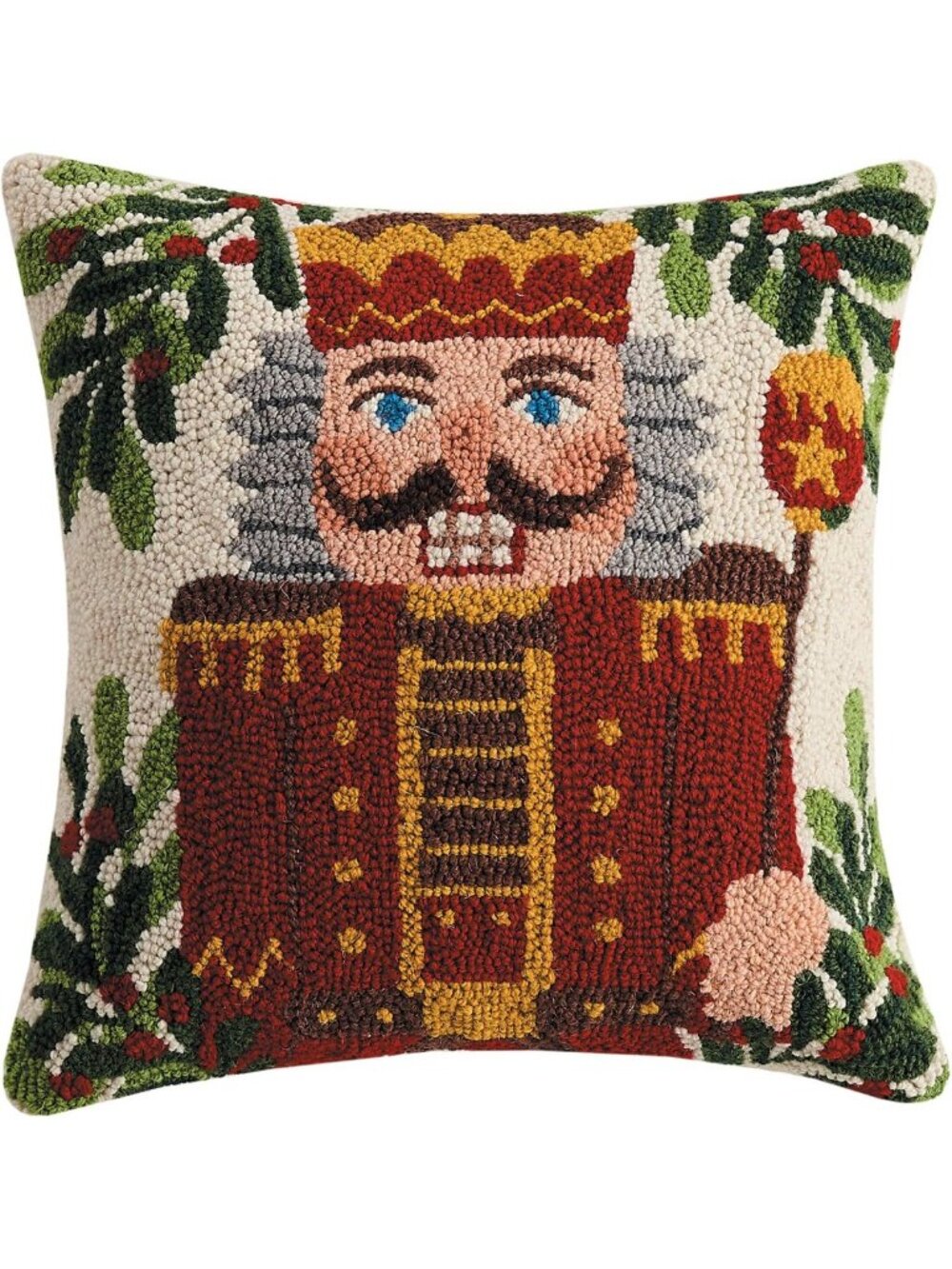 Holiday Nutcracker Pillow with Staff & Holly, 16-Inch Square Decorative Cushion